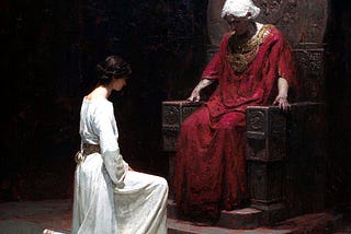 A white-clad young woman kneeling before another woman, clad in red garment, sitting on a throne