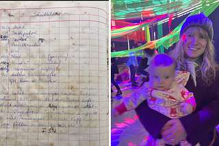 Left: my grandma’s old cake recipe; Right: taking the baby to a baby rave