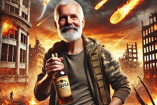 AI figure of man holding tequila during amrageddon
