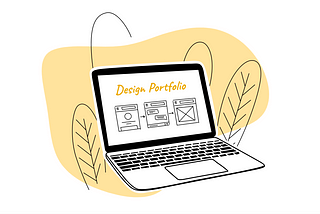 Illustration of a laptop with design mocks and the words “Design Portfolio”