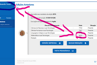 Print da página do ENEM com nome e nota à mostra