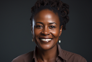 dark-skinned middle-aged black female psychologist with warm, smiling eyes; a LinkedIn profile picture