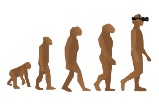 The classical evolution of man picture where each primate ancestor is made to stand up more as if a frame-by-frame animation, but the homosapien at the end is wearing a virtual reality headset