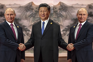 Modified mirror image of Presidents Putin and Xi shaking hands. Mirrored to look as if Xi is shaking hands with Putin on his Left and on his Right. At once, suggesting that Putin is screwing him ‘coming and going’ and/or reminding us that Xi ‘blessed’ the invasion at its start (pre Beijing’s Winter Olympics) and is now bookending the slaughter and blow-up-a-hole-in-yet-another-former-soviet-republic-and-fill-it infrastructure rebuild contracts with talks of ‘peace’. Quite a pair.