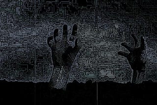 Digitized image of zombies hands raising from dirt.