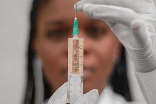 A person wearing white rubber gloves prepares a needle to inject. The camera if focused on the needle.