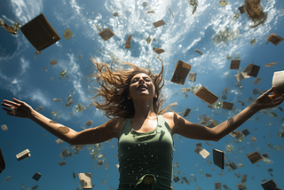 Woman diving into the water surrounded by books