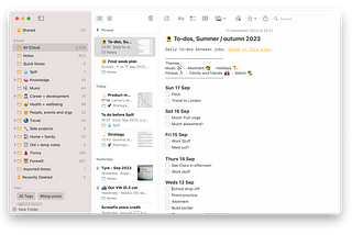 Screenshot showing my Apple Notes on Desktop, with a list of folders and my to-do list