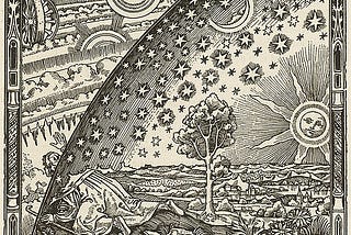 a black and white engraving showing a figure looking beyond the world and stars out to the universe.