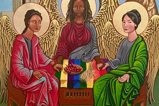 Icon painting of three robed, winged, haloed women of color surrounding rainbow communion table to depict the Holy Trinity