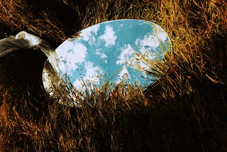 A mirror in long grass, reflecting a blue sky with white clouds.