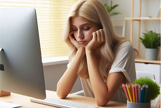 Girl staring at a keyboard, a fed up expression on her face
