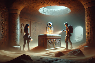 The image shows a dusty ancient tomb with a glowing scarab on a stone pedestal. A woman holding a flashlight and a man in rugged clothes stand at the entrance, looking in with awe. Hieroglyph-covered walls are dimly lit by the scarab’s glow.
