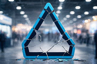 A shattered blue seal-like badge with a hollow center stands on a convention hall floor, with blurred booths and attendees in the background. Make with ChatGPT.