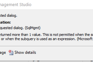 SQL MI database properties window getting “Subquery returned more than 1 value” error message