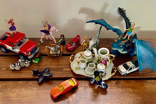 A shelf with a display of children’s toys