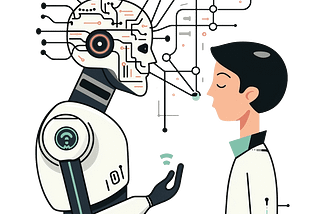 An AI bot with circuits around his head is talking to a human boy. It seems like the bot is explaining the something to the boy. The image shows the side view of both, the boy and the bot and they both are facing each other.