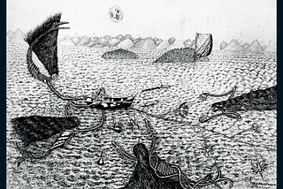 Desenho em preto e branco de bruxas atacando um pescador, obra de Franklin Cascaes do ano de 1973
