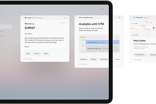 An image of a design concept called “Mercuty OS” which is an attempt at showing the future of operating systems using AI. Here, instead of using a traditional navitation system of apps, content in presented from various apps is presented to users in the form of cards and is more ephemeral in nature.