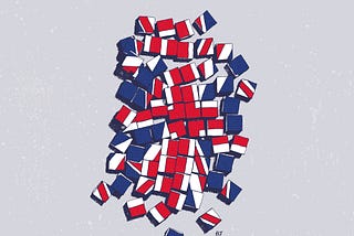 United Kingdom flag— colourful print based upon a sculpture I created using tiles to represent different parts of the country. The initial idea was to show the fractured but at the same time, united identity that makes the UK.