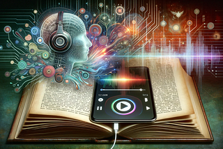 Prompt: A visually compelling image representing the theme of AI transforming PDFs into audiobooks. The foreground features a large, open book with visible text and pages mid-turn, symbolizing the transition from traditional reading to modern technology. In the background, a semi-transparent waveform or audio spectrum visualization is overlaid on the pages, indicating the transformation of text into audio. The central element is a digital tablet or smartphone displaying a stylized audiobook…