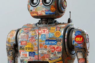 IMAGE: An illustration of a robot covered in old, worn-out advertising stickers, capturing the robot’s aged and well-used appearance, with a surface cluttered with peeling and faded stickers from various promotions