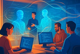 IMAGE: An illustration showing students and software engineers working at laptops while translucent AI holograms stand beside them, with glowing code-like streams linking humans and machines in a shared classroom-studio space