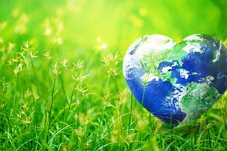 A map of the world in the shape of a heart resting on tiny yellow wildlowers in a field of grass.