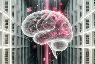 abstract brain with pink lines between rows of shelving