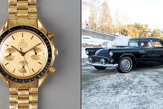 LEFT/TOP: OMEGA, Speedmaster, 39 mm, 18K gold. (Image source: Courtesy under special permission from Auctionet.com). RIGHT/BOTTOM: FORD THUNDERBIRD 1956, two-seater convertible/hard top. (Image source: Courtesy under special permission from Auctionet.com).