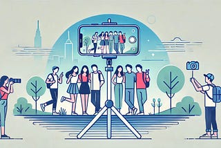 Illustration with an iPhone on a tripod and a group being photographed.