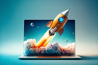 retro space rocket launching from a laptop