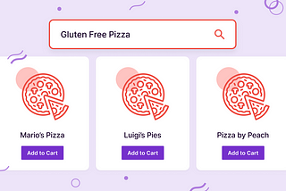A stylized search for “gluten-free pizza” with results showing “Mario’s Pizza,” “Luigis Pies,” and “Pizza by Peach”