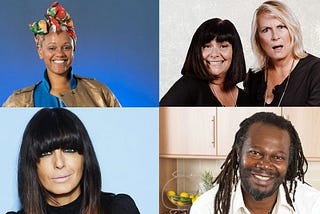 Gemma Cairney, French & Saunders, Levi Roots, Claudia Winkleman (clockwise from top left) — celebrities who have recently presented on Listen’s podcasts