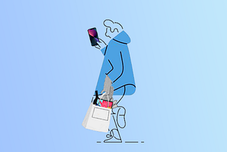 Image of a person with a new iPhone in one hand and an Apple store bag in the other with an iPad and wine bottle peeking out of it.