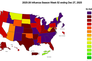Graphic of USA showing the states with inflenza surging