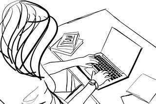 Black and white drawing of a woman typing on a laptop.