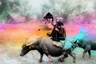 A dream-like rendering of a photo where two ethnic minority girls ride the back of a buffalo, around the glow of bright pink, oranges and teal.