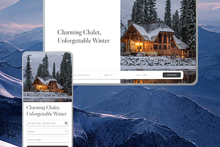 winter chalet in the woods landing page for desktop and mobile screens.
