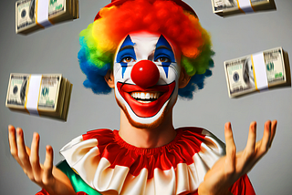 Image of a clown juggling five stacks of $100 bills