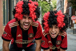 a soccer Dad and young son with crazy wigs, laughing