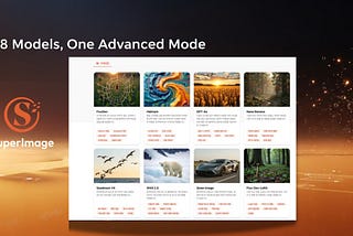 SuperImage Advanced Mode showcasing eight AI models for text-to-image generation