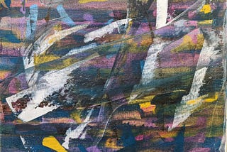 An abstract painting with blocks of white, yellow, pink, purple, and blue. The sweeping paint effect suggests motion & energy