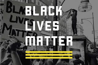 White text that says “Black Lives Matter,” with three yellow underlines, set in front of protesters.