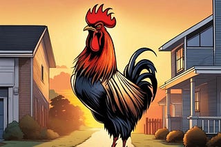 A large colorful rooster in front of houses. A depiction of the hell beast — its reptilian stare backlit by 5am sunlight kissing the suburban horizon as it pauses between onslaughts.