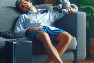 Tech remote worker sleeping, wearing dress shirt but shorts because life is fun as a remote worker with only zoom calls