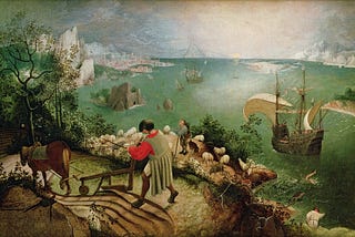 Painting on canvas by Bruegel the Elder. Icarus, drowning. The ploughman, shepherd and angler are indifferent to this scene.