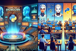 A coding battle arena and a futuristic classroom or lab setting, showcasing each AI model as a contender or tutor in the realm of Python programming and machine learning