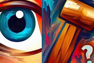 an eye, a hammer and question mark, side-by-side next to each other in graffiti style