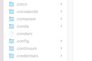 A screenshot of my user folder showing lots of hidden sub-folders from different developemtn enviroment I havee isntalled.